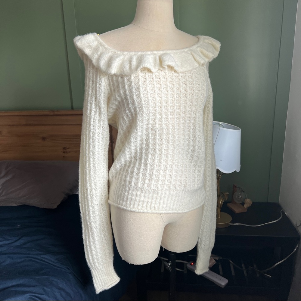 NWT Anthropologie Off the Shoulder Boat Neck Ruffle Sweater